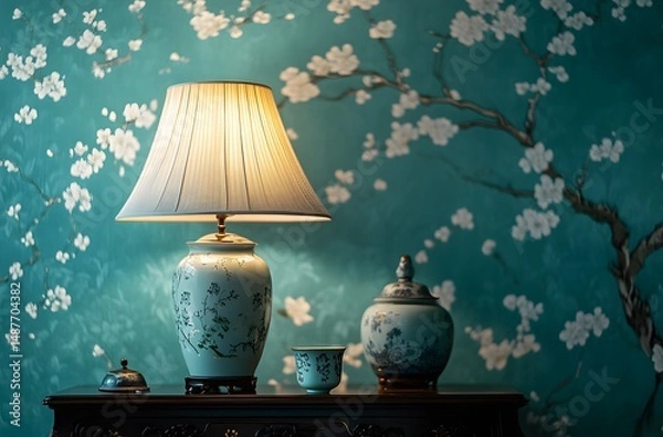 Fototapeta A vintage ceramic lamp placed on the table, which illuminates the living room in a calm atmosphere, enhances the beauty of the room. And a vase decorated with flowers, which enhances the beauty.