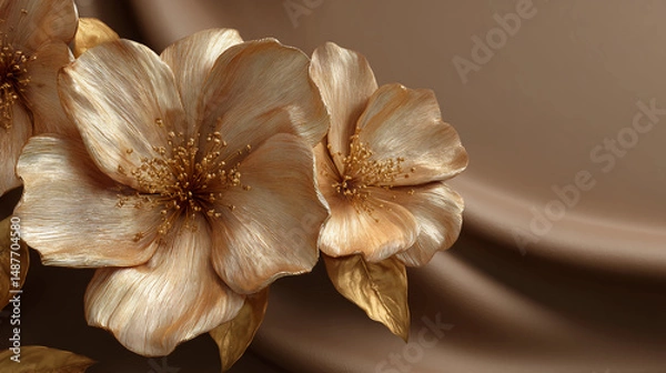 Obraz Rich gold flower sculpture on soft brown background, photoreal style