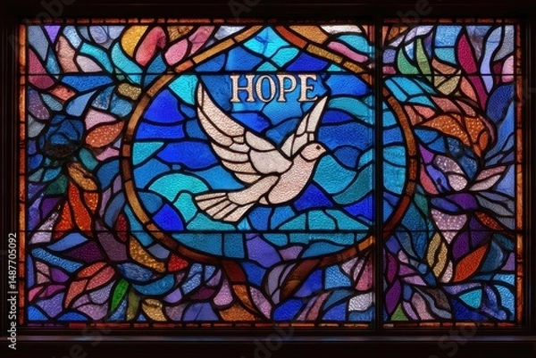 Fototapeta Stained glass window depicting a dove and the word hope.