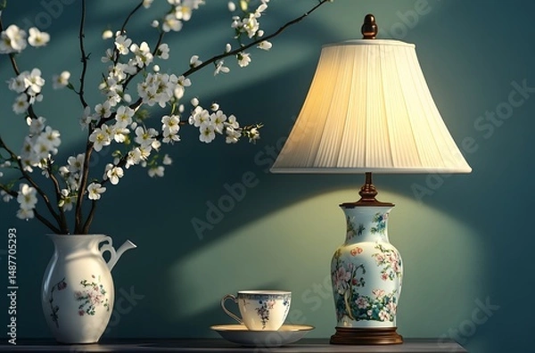 Fototapeta A vintage ceramic lamp placed on the table, which illuminates the living room in a calm atmosphere, enhances the beauty of the room. And a vase decorated with flowers, which enhances the beauty.