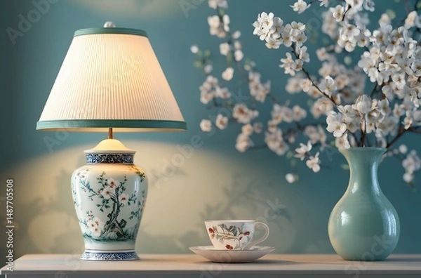 Fototapeta A vintage ceramic lamp placed on the table, which illuminates the living room in a calm atmosphere, enhances the beauty of the room. And a vase decorated with flowers, which enhances the beauty.