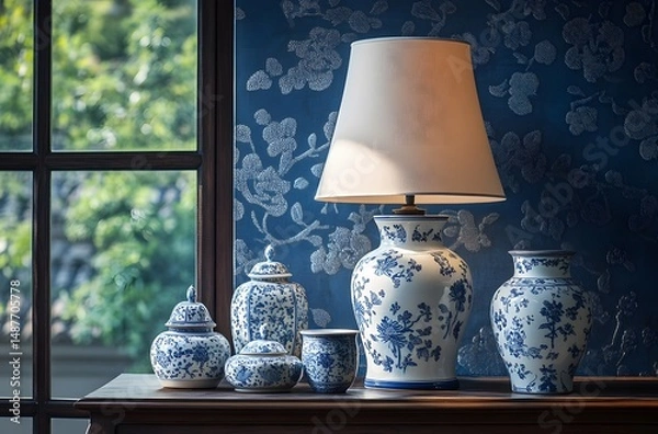 Fototapeta A vintage ceramic lamp placed on the table, which illuminates the living room in a calm atmosphere, enhances the beauty of the room. And a vase decorated with flowers, which enhances the beauty.