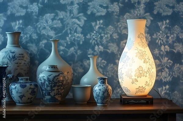 Fototapeta A vintage ceramic lamp placed on the table, which illuminates the living room in a calm atmosphere, enhances the beauty of the room. And a vase decorated with flowers, which enhances the beauty.