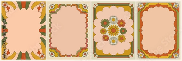 Fototapeta Set of retro frames with groovy flowers in mid Century modern color palette. Vector flat illustrations