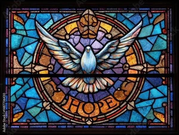 Fototapeta Intricate stained glass window depicting a dove and the word hope.