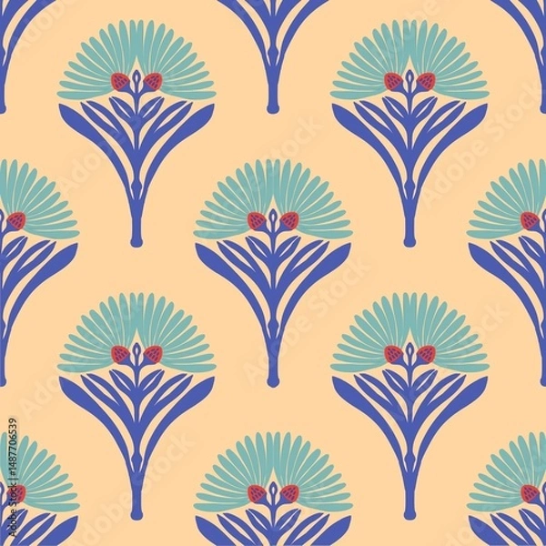 Fototapeta Vintage  Retro flower Modern Art Deco Seamless Pattern. Geometric decorative with flower texture. Retro background.  beige background. Blue flower and leaf. Wallpaper