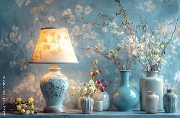 Fototapeta A vintage ceramic lamp placed on the table, which illuminates the living room in a calm atmosphere, enhances the beauty of the room. And a vase decorated with flowers, which enhances the beauty.