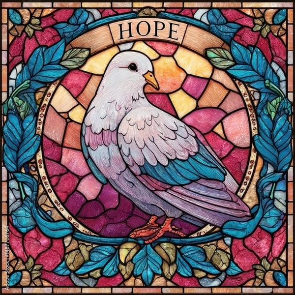 Fototapeta Colorful stained glass design featuring a dove of hope.