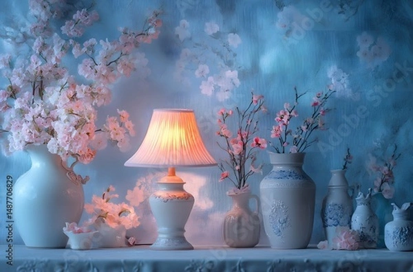 Fototapeta A vintage ceramic lamp placed on the table, which illuminates the living room in a calm atmosphere, enhances the beauty of the room. And a vase decorated with flowers, which enhances the beauty.