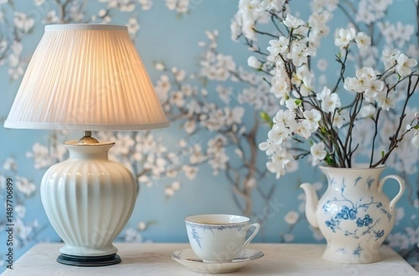 Fototapeta A vintage ceramic lamp placed on the table, which illuminates the living room in a calm atmosphere, enhances the beauty of the room. And a vase decorated with flowers, which enhances the beauty.