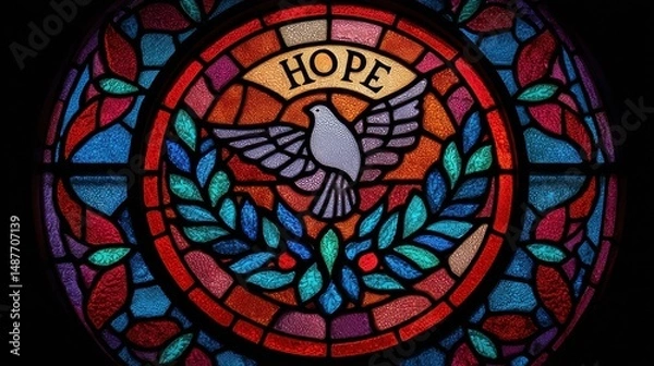 Fototapeta Colorful stained glass window depicting hope and a dove.