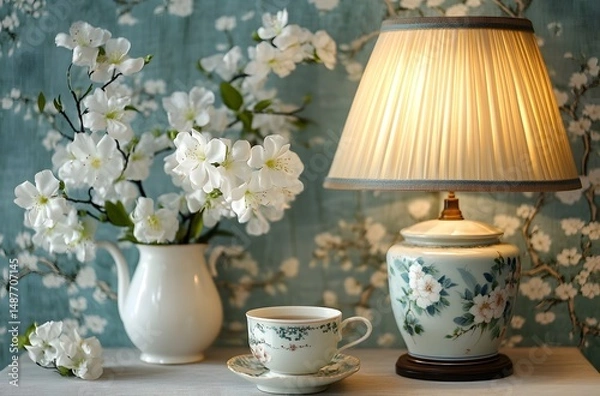 Fototapeta A vintage ceramic lamp placed on the table, which illuminates the living room in a calm atmosphere, enhances the beauty of the room. And a vase decorated with flowers, which enhances the beauty.