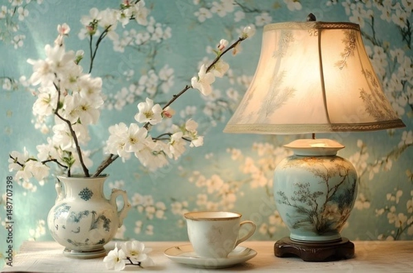Fototapeta A vintage ceramic lamp placed on the table, which illuminates the living room in a calm atmosphere, enhances the beauty of the room. And a vase decorated with flowers, which enhances the beauty.