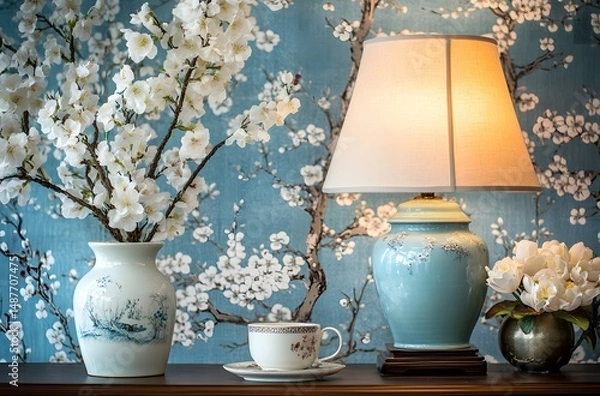 Fototapeta A vintage ceramic lamp placed on the table, which illuminates the living room in a calm atmosphere, enhances the beauty of the room. And a vase decorated with flowers, which enhances the beauty.