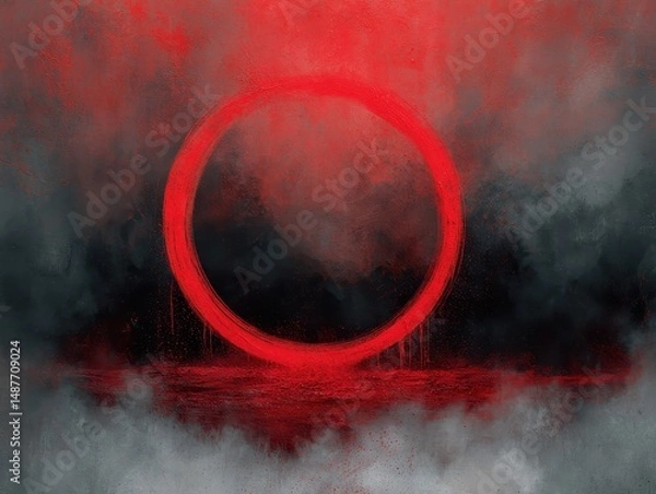 Fototapeta Red ringed empty stage within smoky darkness.