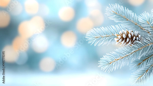 Obraz Winter snowy pine Christmas tree scenery Fir branches adorned with hoar frost create a Wonderland The wintry season is approaching for the New Year Serene blurred snowflakes form a winter background