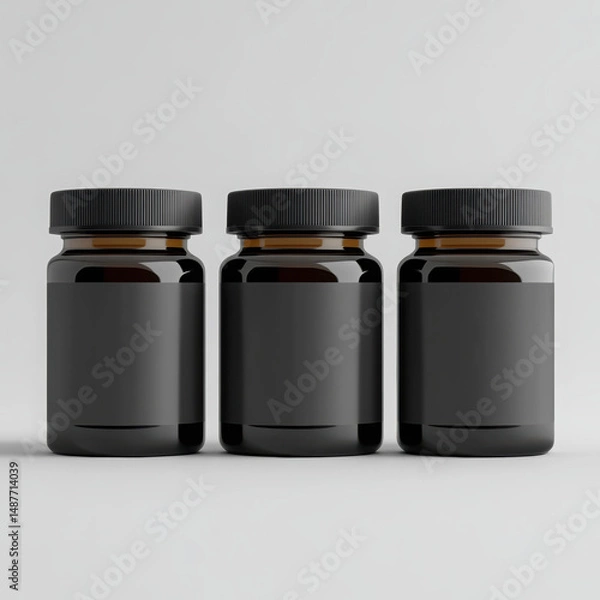 Fototapeta Black Plastic Supplement Jars Mockup with Blank Label. High quality photo