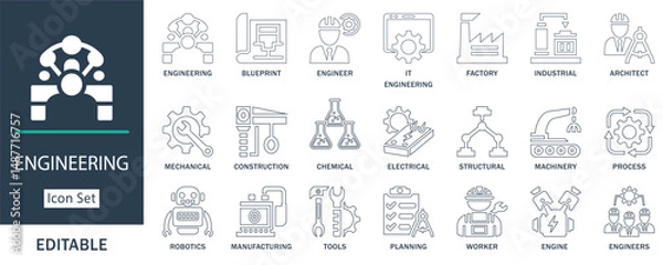Fototapeta Editable engineering line icon set. Includes mechanical, robotics, architecture, chemical, factory, and construction symbols. Perfect for web, apps,  and print.