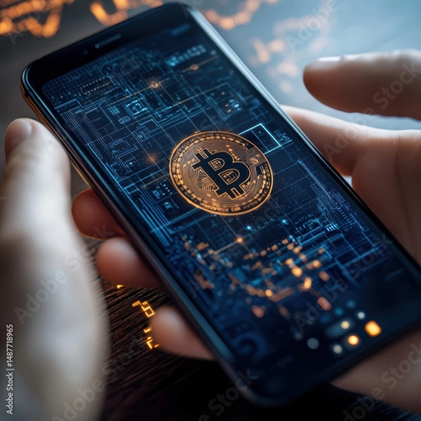 Fototapeta A modern smartphone with a sleek metallic design displays a digital cryptocurrency interface being operated by a person's fingers with crypto currency concept. High quality photo