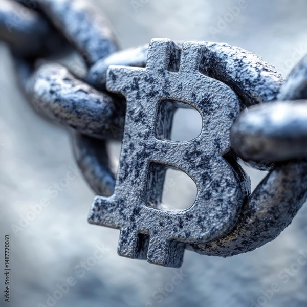 Fototapeta Close-up of a chain link with a Bitcoin symbol, representing cryptocurrency security, blockchain, and digital transactions. High quality photo