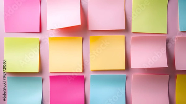 Fototapeta Organized sticky notes workspace visual guide morning routine top-down view color coordination