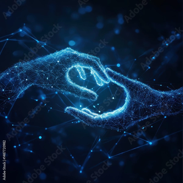 Fototapeta AI, Machine learning, Hands of robot and human touching on big data network connection, Data exchange, deep learning, Science and artificial intelligence technology, innovation of futuristic. 
