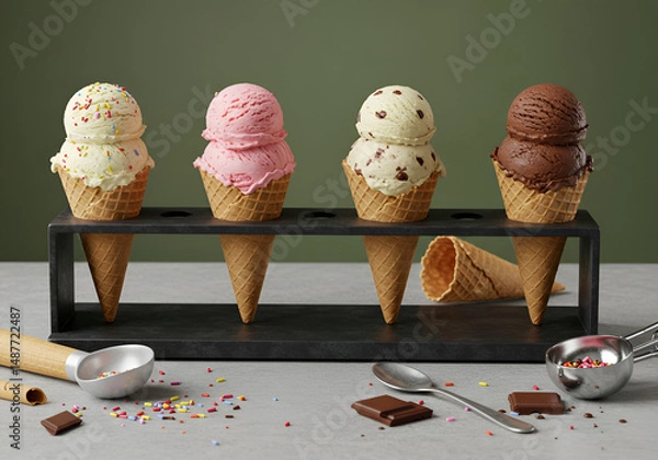 Fototapeta Vibrant display of four double-scoop ice cream cones with assorted pastel and dark flavors held in a modern black stand, surrounded by scattered colorful sprinkles and chocolate pieces, showcasing a s