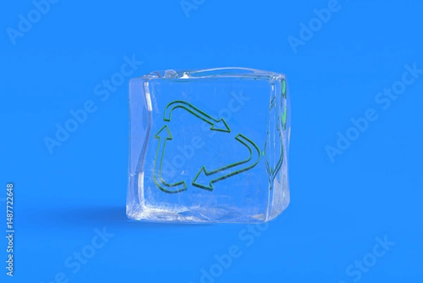 Fototapeta Recycling symbol in ice cube. 3d illustration