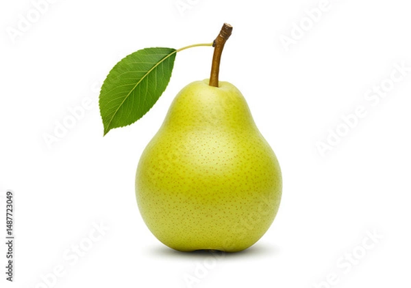 Fototapeta Vibrant ripe pear with a green leaf, set against a minimalist white background, ideal for fresh food photography props."