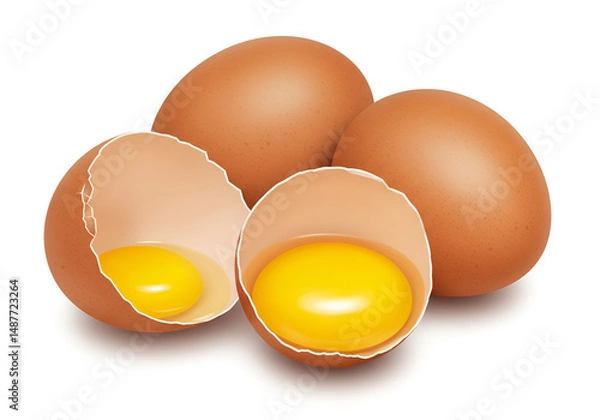 Fototapeta Lifelike broken brown eggs with glossy yolk on a minimalist background, suitable for cooking illustrations.