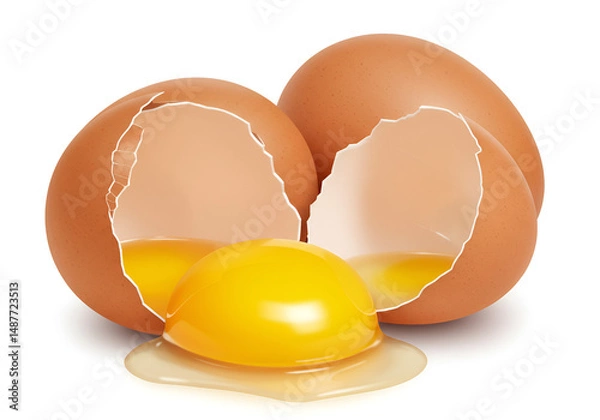 Fototapeta Realistic broken brown eggs with vibrant yellow yolk on a minimalist white background, perfect for culinary food illustrations."