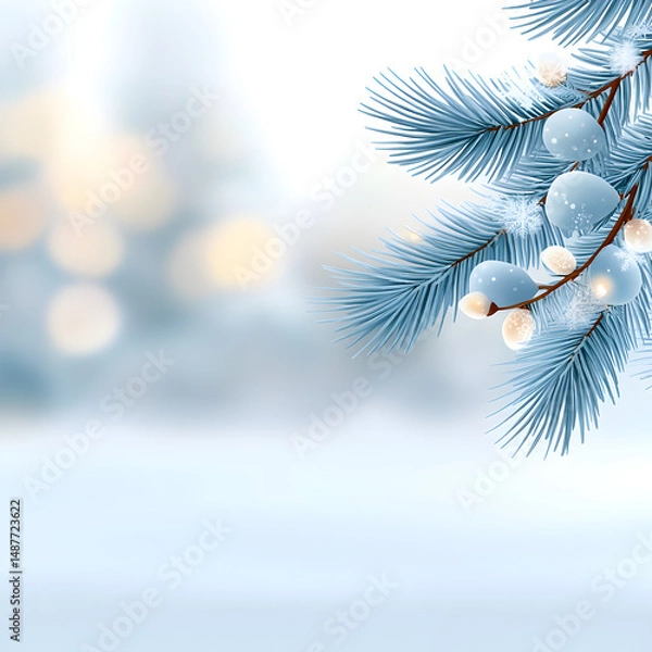 Obraz Winter snowy pine Christmas tree scenery Fir branches adorned with hoar frost create a Wonderland The wintry season is approaching for the New Year Serene blurred snowflakes form a winter background
