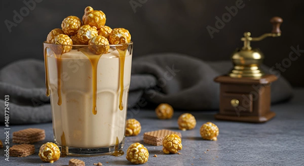 Fototapeta Cozy caramel-infused dessert with scattered popcorn, suited for stylish recipe showcases."