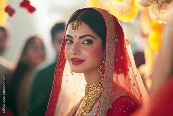 Obraz Traditional Indian wedding ceremony with bride and groom in elegant red and gold attire, surrounded by family and friends, festive decorations in the background.