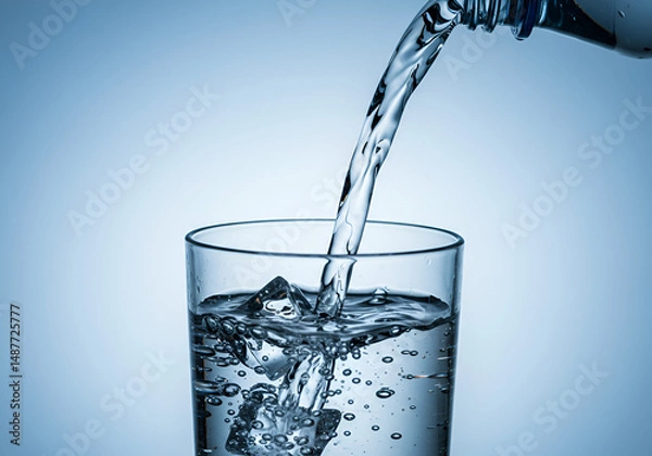 Fototapeta Crisp water pouring into a cool glass with icy texture, set in a refreshing indoor scene for hydration promotion