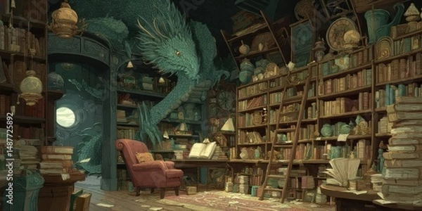 Fototapeta Enchanting library filled with ancient books and a majestic dragon.