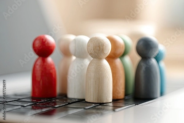 Obraz Wooden Figurines: A Minimalist Group Portrait with a Red Leader