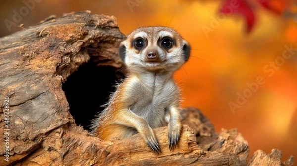 Obraz a curious meerkat cautiously emerges from the weathered, decaying hole in the aged wooden log