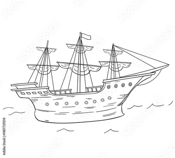 Fototapeta Junk ship in the sea, cartoon line drawing