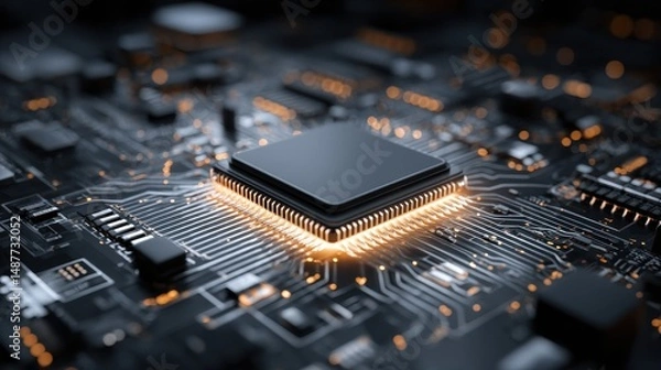Fototapeta High-Resolution Close-Up of a Microprocessor on a Circuit Board with Glowing Connections and Detailed Electronic Components in a Dark Setting
