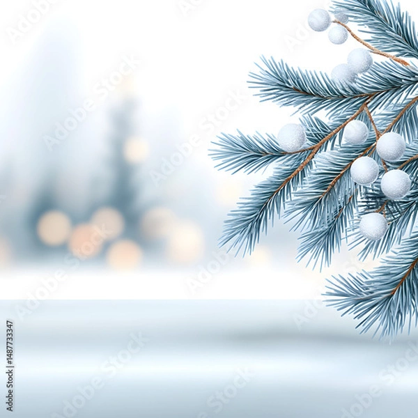 Obraz Winter snowy pine Christmas tree scenery Fir branches adorned with hoar frost create a Wonderland The wintry season is approaching for the New Year Serene blurred snowflakes form a winter background