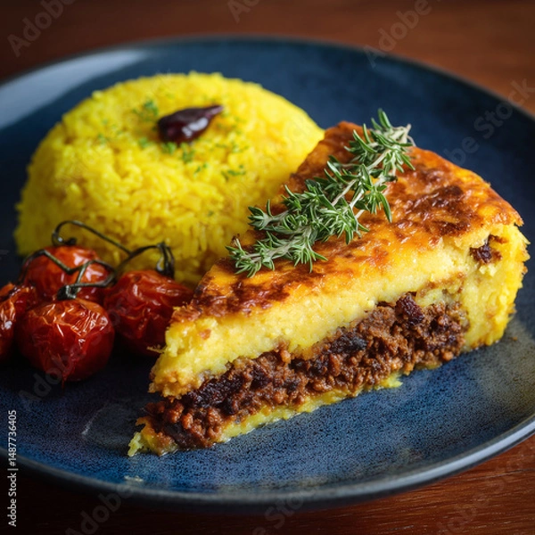 Fototapeta South African bobotie with golden crust, side of yellow rice