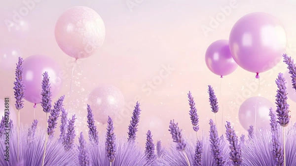 Fototapeta Lavender balloons float in celebration pastel background digital art whimsical setting aesthetic concept