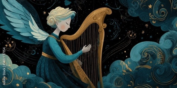 Fototapeta Celestial harp playing angel in a dreamlike scene