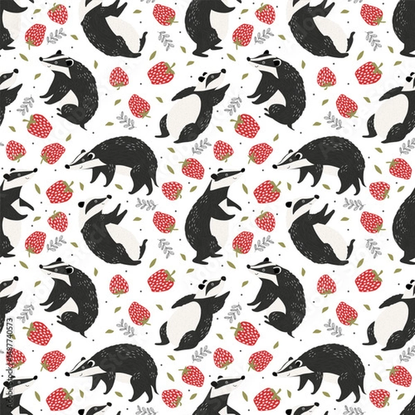 Fototapeta Seamless pattern with cute animals badgers and sweet ripe strawberries with decorative leaves on white background.