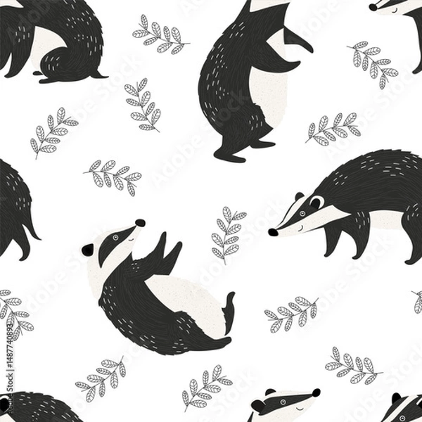 Obraz Seamless pattern with cartoon style badgers characters and decorative leaf design elements repeated on white background.