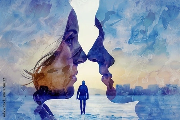 Fototapeta Lost Love, Fading Memory Couple s Faces Merge with Winter Landscape as Lone Figure Walks Away