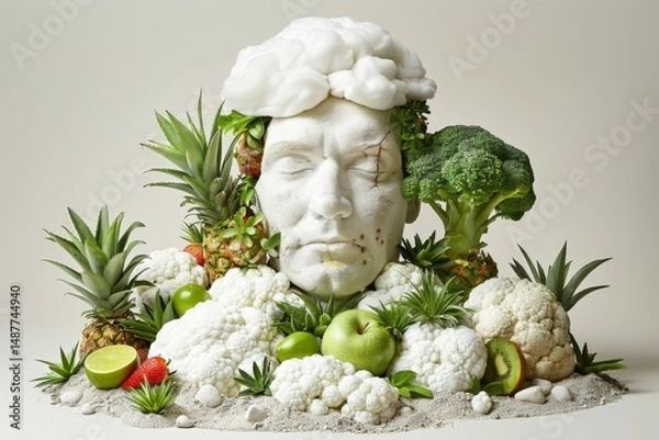 Fototapeta Plaster Head Surrounded by Fresh Fruits and Vegetables on Sand, Concept of Healthy Eating