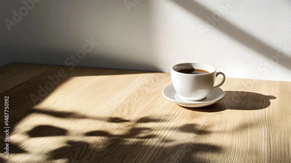 Fototapeta Sunlight casting shadows on a wooden table indoor photography overcast environment close-up artistic reflection