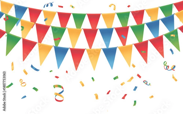 Fototapeta Colorful bunting and confetti backdrop perfect for celebrations, parties, and festive events. Vibrant and joyful design for any occasion. Pro PNG